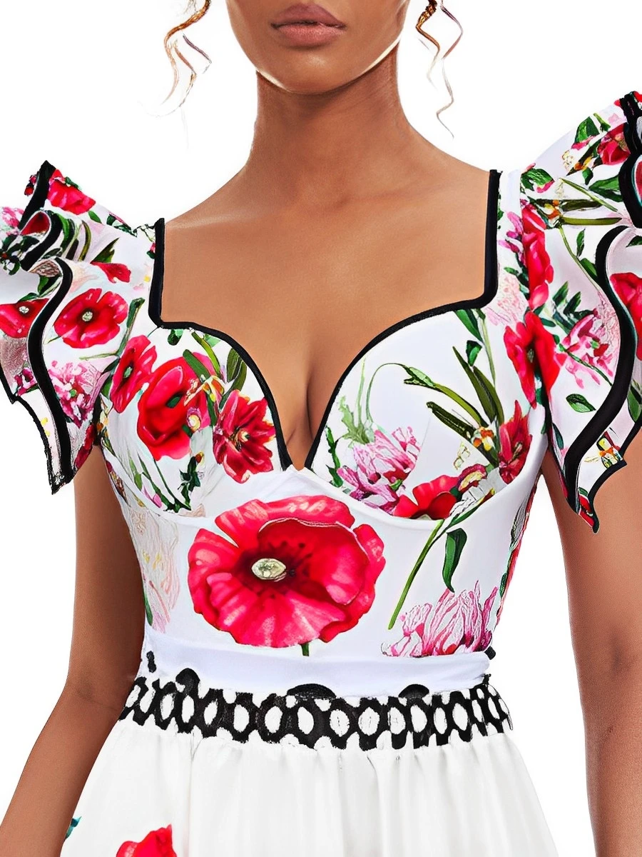 2024 Push Up Floral Frill Shoulder Swimsuit Women One Piece Swimwear Female Beachwear Bathers Bathing Swimming Swim Suit