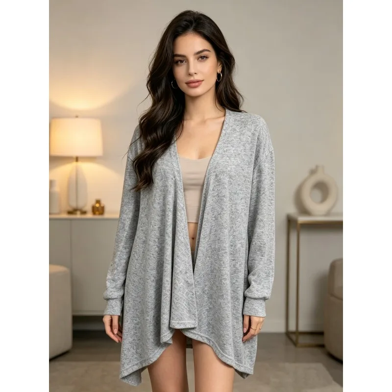 

Women Long Knit Cardigan Open Front Loose Long Sleeve Asymmetric Hem Gray Casual Loungewear Outerwear Coat