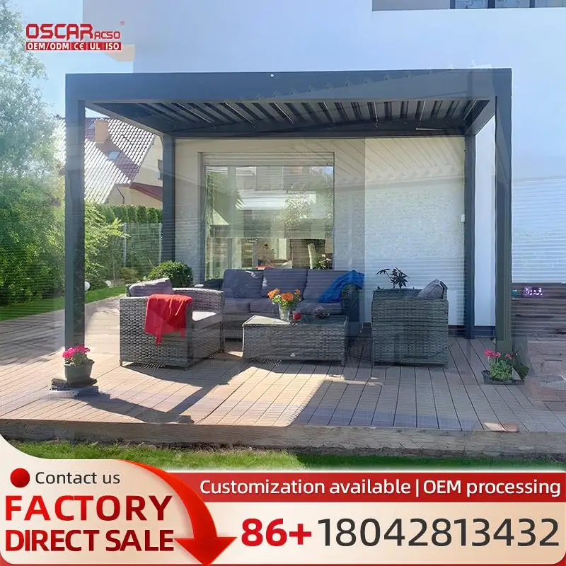

Outdoor Garden Aluminum Thermal Insulation Waterproof Louver Electric Pergola with Wood Plastic Alloy Frame pergola