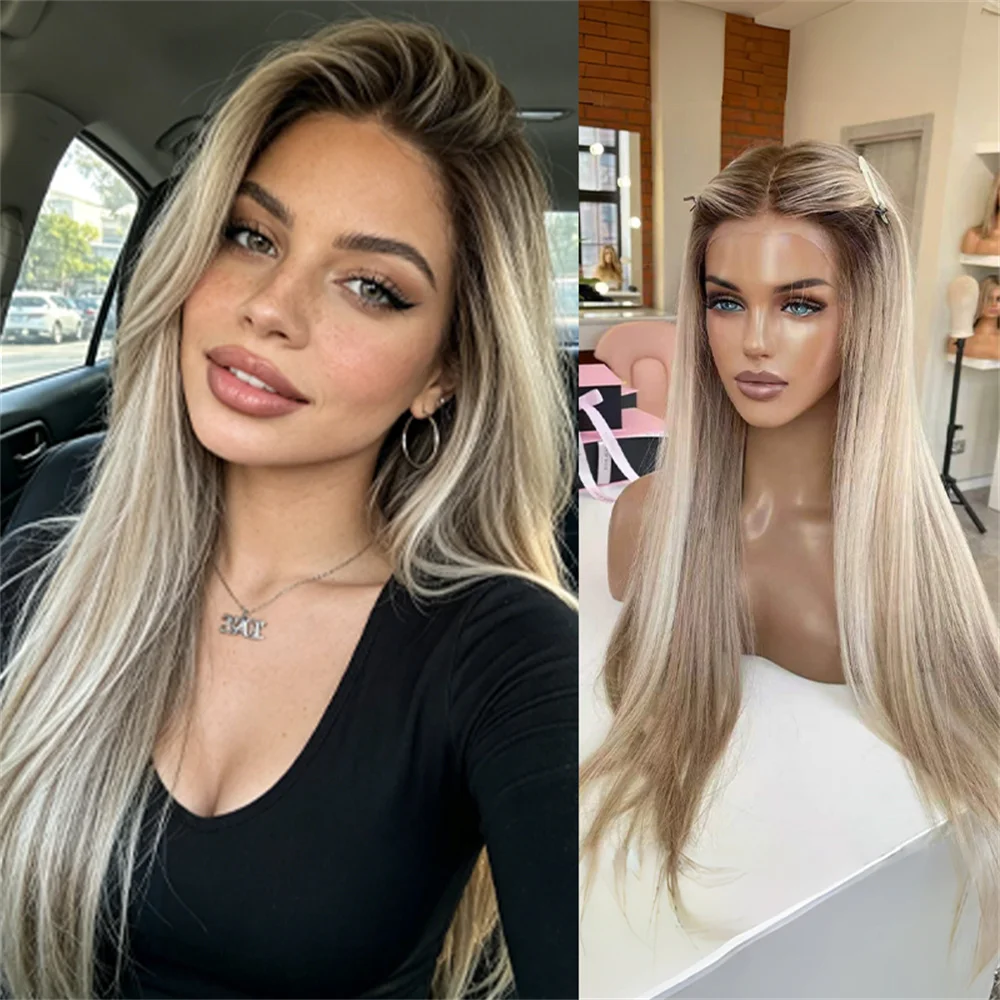 

30 Inch Straight Long Wig Ash Blonde Synthetic Lace Front Wig Dark Roots PrePlucked Realistic Highlights Balayage Wigs for Women