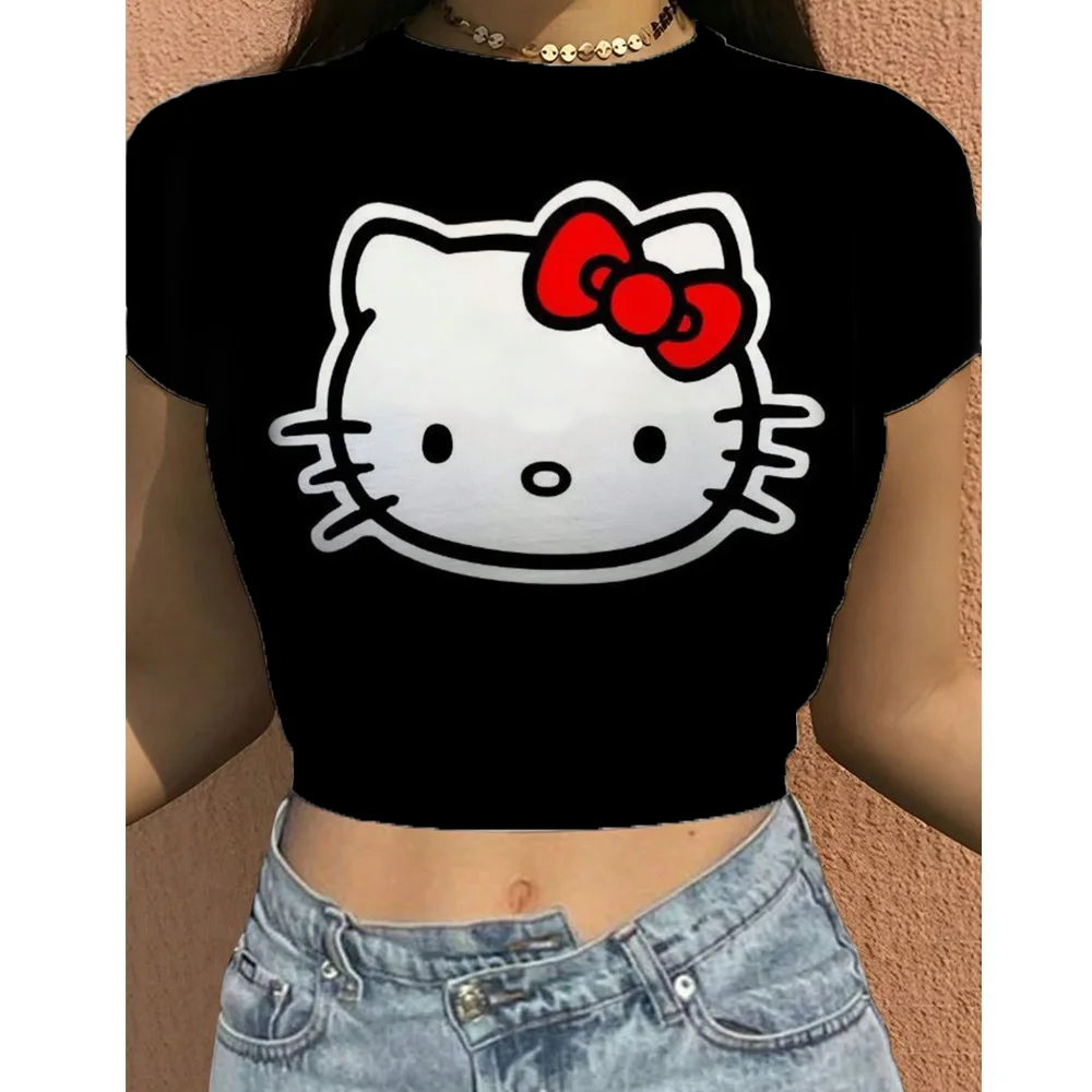 Hello Kitty T-shirt Women\'s Y2k Short Top O-neck Letter Pink Black Street Wear Short Sleeve T-shirt Summer Tight Casual Top