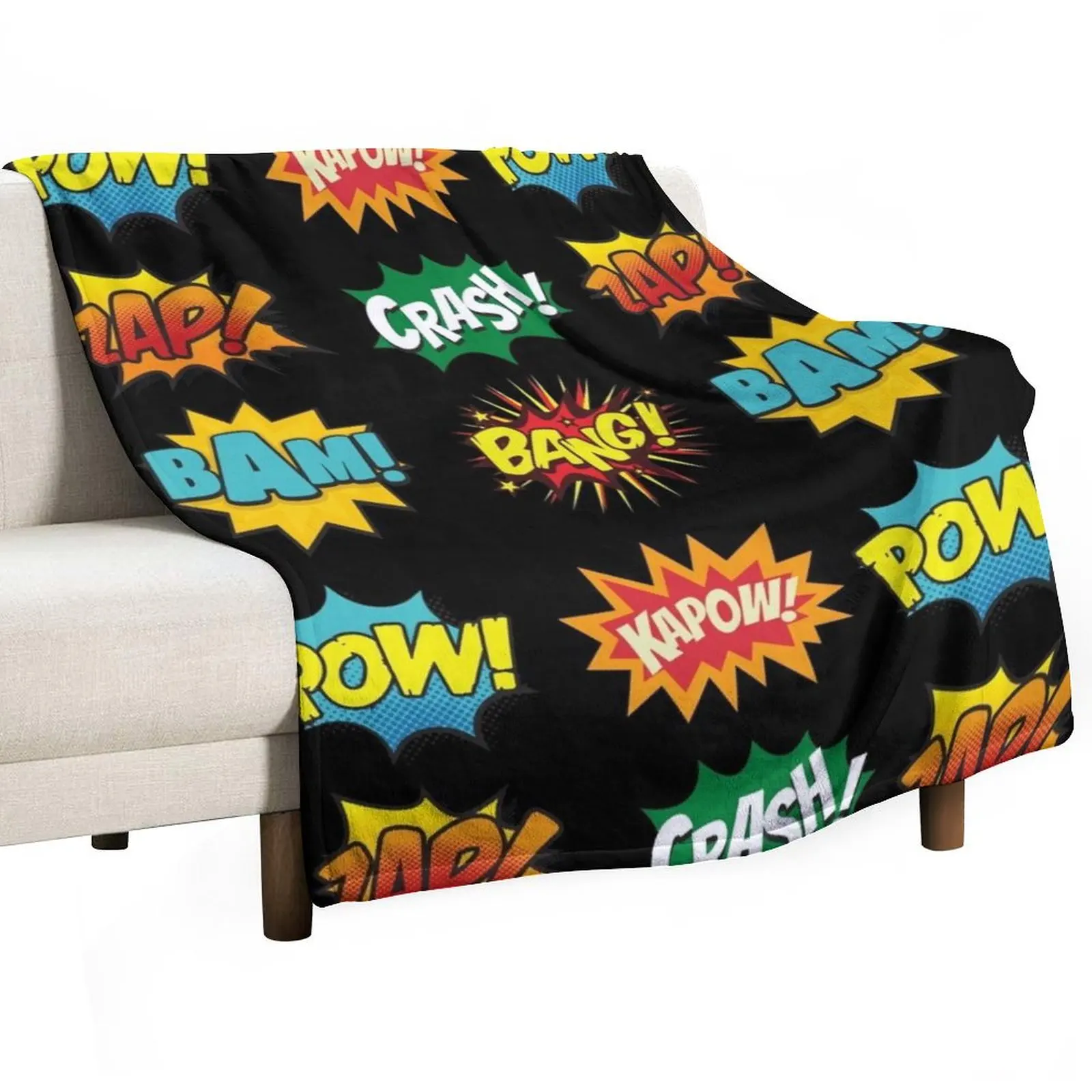 שמיכת זריקה מעוצבת בסגנון קומיקס עם צלילי סצנת קרב, ספרי קומיקס, אונומטופויה, שמיכת חורף חמה מעוצבת