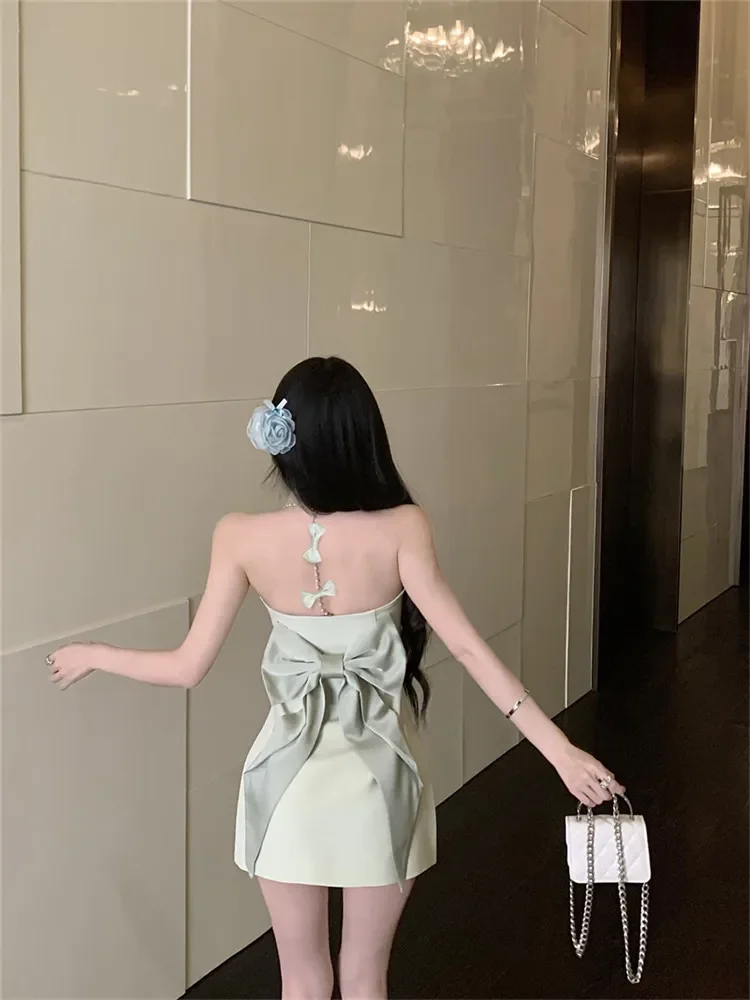 2024 Summer New Mint Green Mini Halter Sexy Dress Small Girl Pearl Straps Bow Super Hot Dress Backless Slim Pencil Party Dress