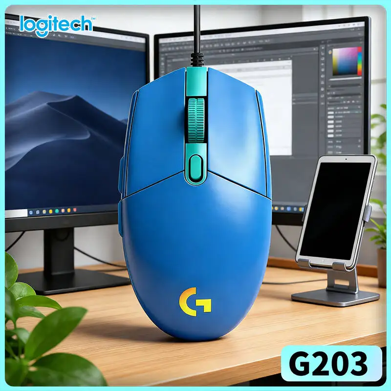 Logitech G203 wired gaming mouse responsive tactile button feedback dynamic RGB backlight USB desktop gaming office
