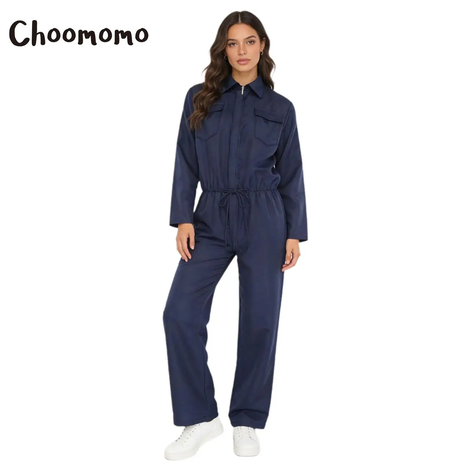 Unisex Women Coveralls Cargo Pants One-piece Suit Unitard Long Sleeve Zipper Pockets Turn-Down Collar Jumpsuit Travel Workwear