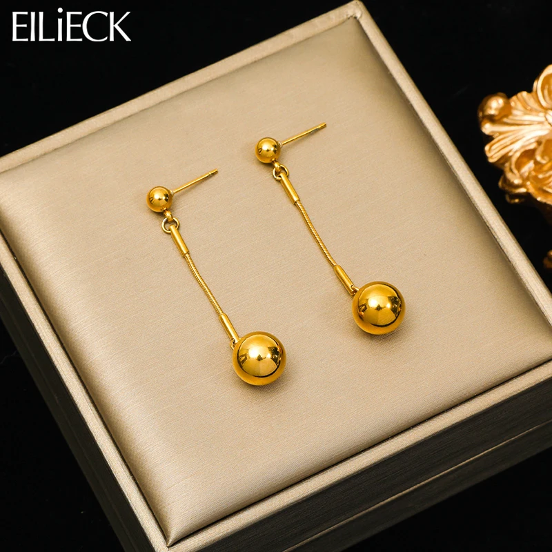 EILIECK 316L Stainless Steel Ball Beads Long Pendant Earrings For Women Girl Fashion Gold Color Ear Drop Waterproof Jewelry Gift