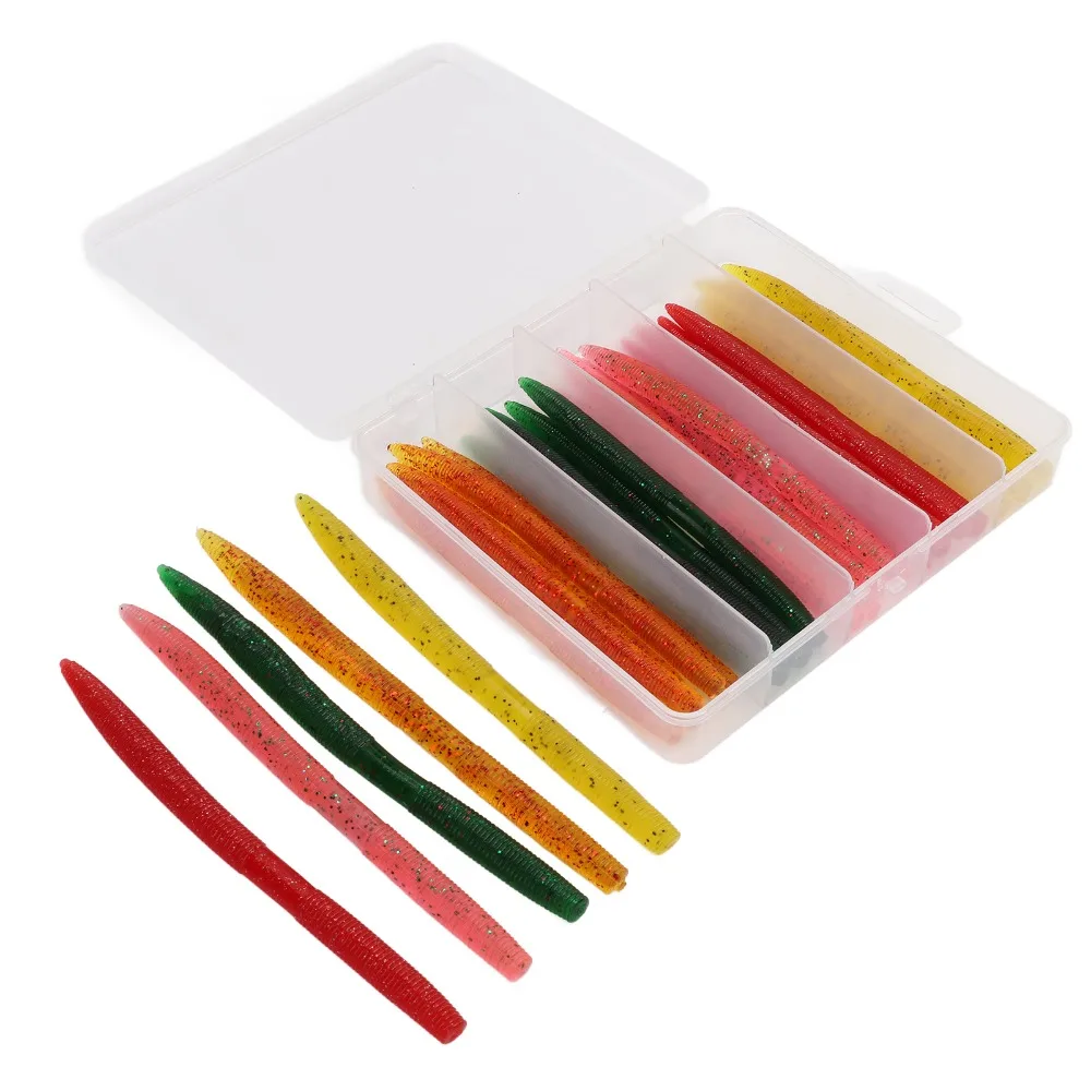 PVC Noodle Worm Baits with Reflective Sequins 14cm Artificial Bait with Rubber Rings 5 Colors Fishing Lures Freshwater Fishing