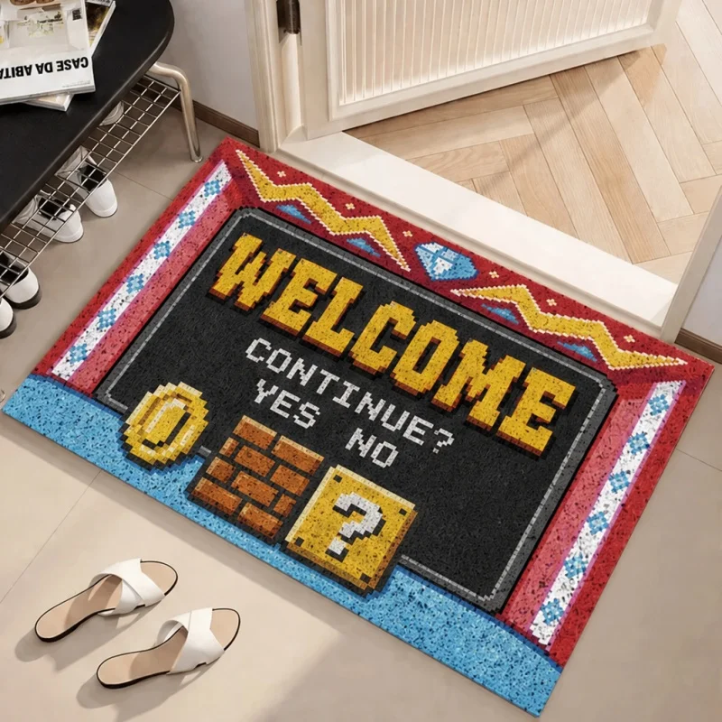 Retro Game Welcome Doormat, Pixel Game Element Print Entry Mat, Gaming Style Porch Decor
