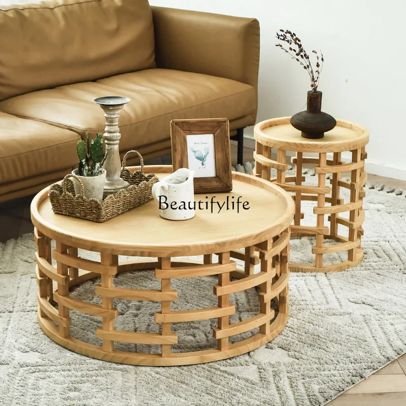 

Solid wood hollow round simple coffee table retro creative design idyllic coffee table