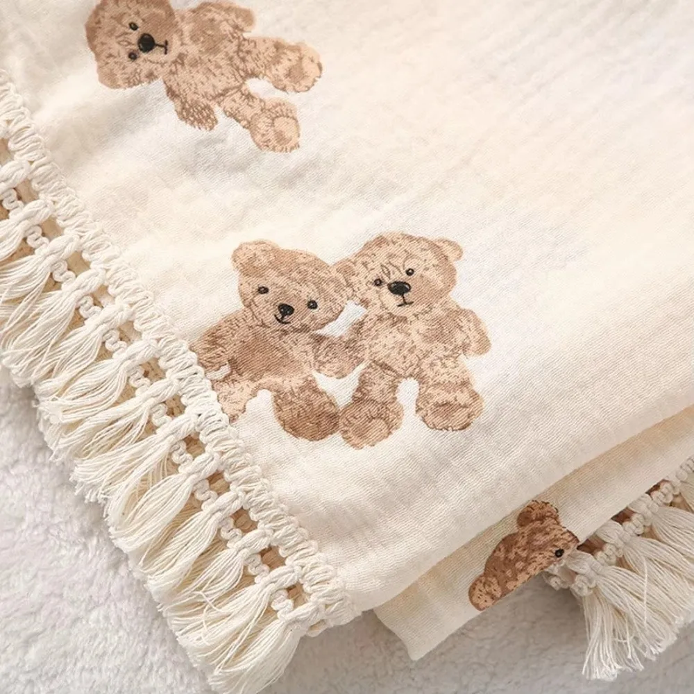 Cotton Material Muslin Squares Blanket Muslin Fabric Plaid Pattern Infant Swaddle Blanket Bear Design Soft Texture