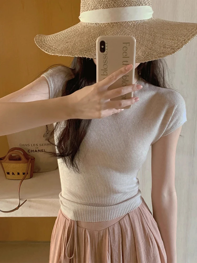 

Женская летняя футболка из трикотажа Ice Silk с коротким рукавом, облегающая, с эффектом утяжки талии, нежный топ