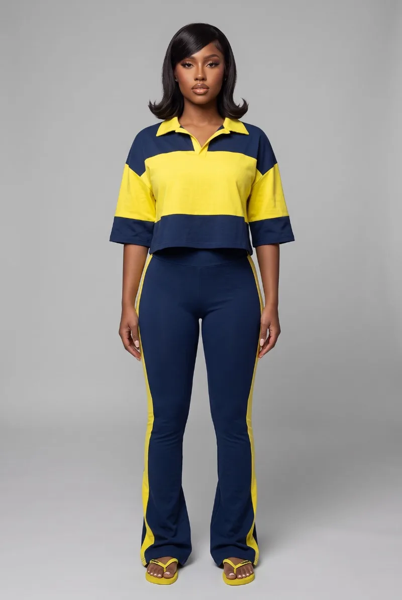 Color Block Lapel Cropped Top Side Stripe Flare Pants 2 Piece Casual Outfit For Women