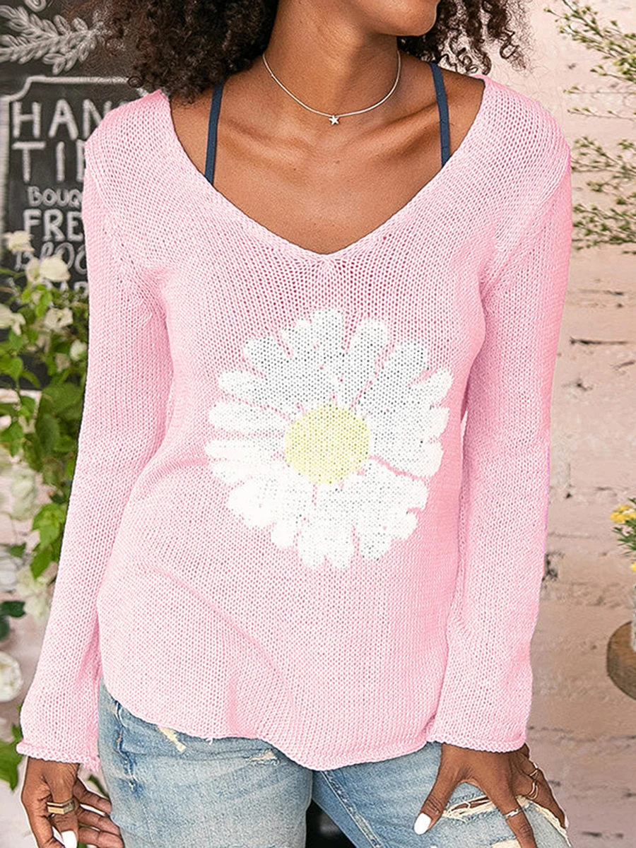 

Women Knitted Tops Daisy Flowers Long Sleeve V Neck Ribbed Loose Pullover Jumper Sweaters Crochet Cover Ups