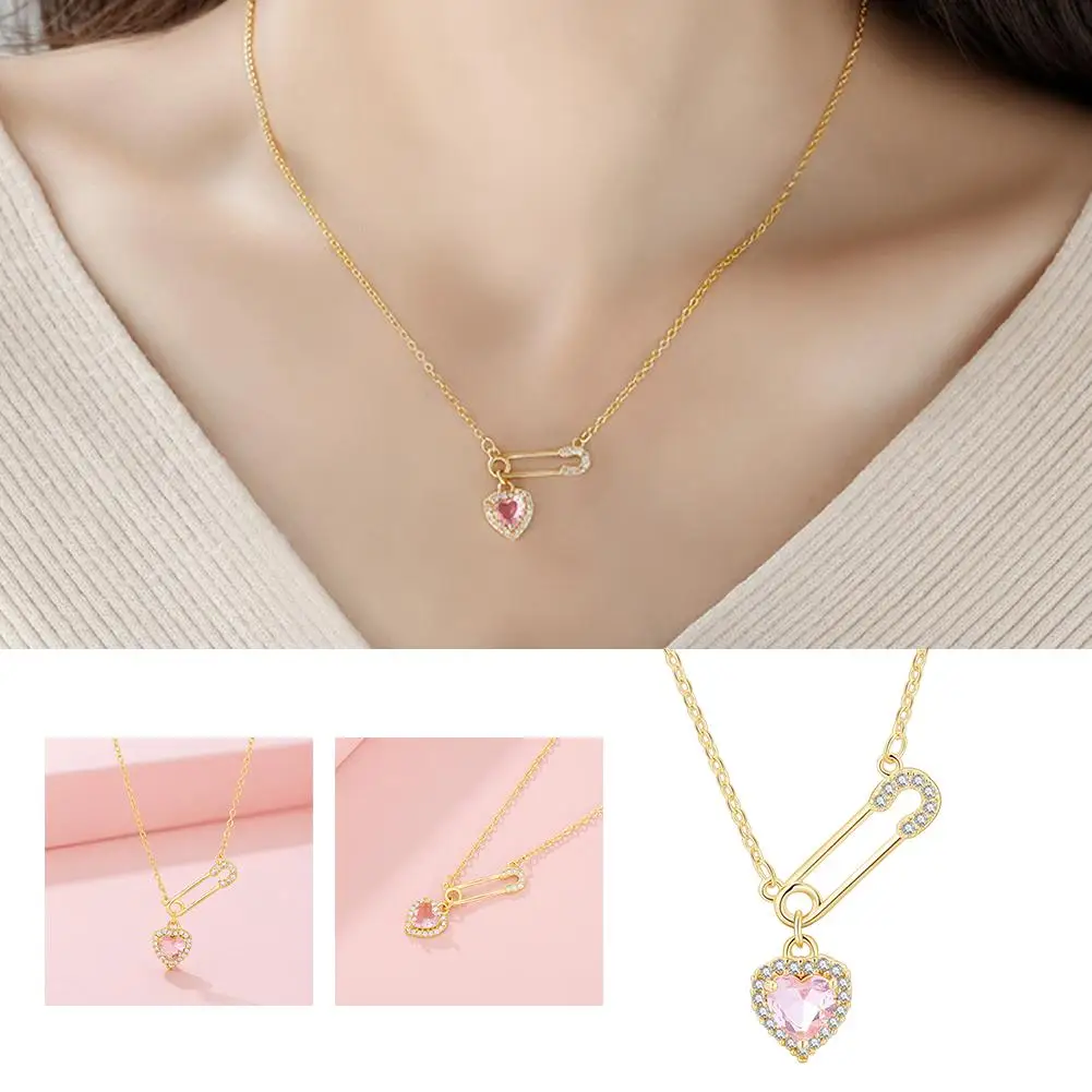 Safety Pin Necklace With Heart Charm Pink Crystal Hearts Pendant Paperclip Necklace For Woman Unique CZ Luxurious Jewelry Gift image 2