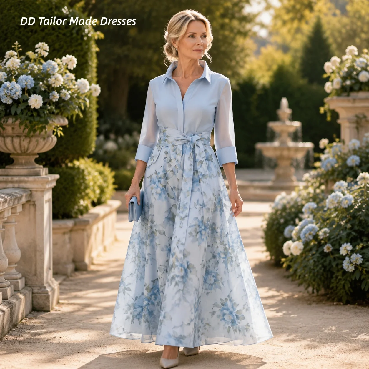 Light Blue Floral Mother Of The Bride Dress Lapel Collar 3/4 Sleeve Flowy A-Line Elegant Long Wedding Guest Dress Customized