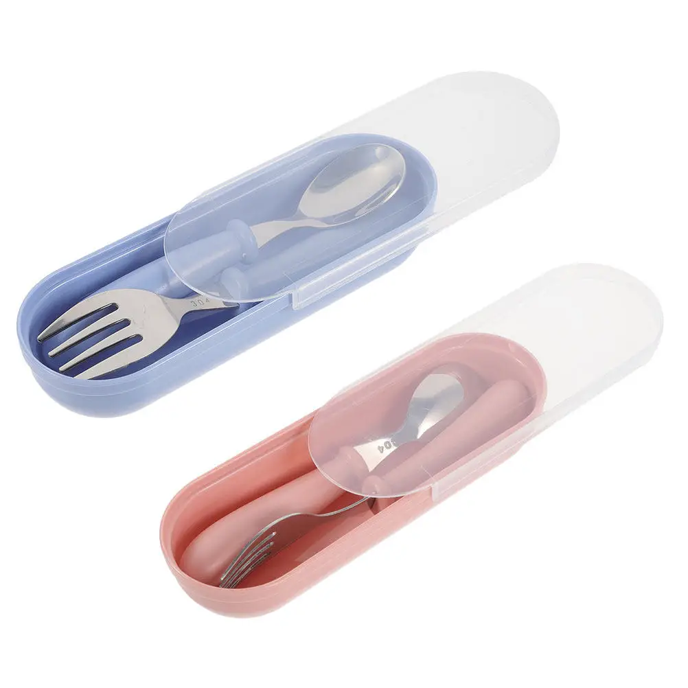 

2Sets Toddler Tableware Stainless Steel Spoon Fork Set Plastic Handle Portable Kids Utensils Storage Box Baby Fork Spoon