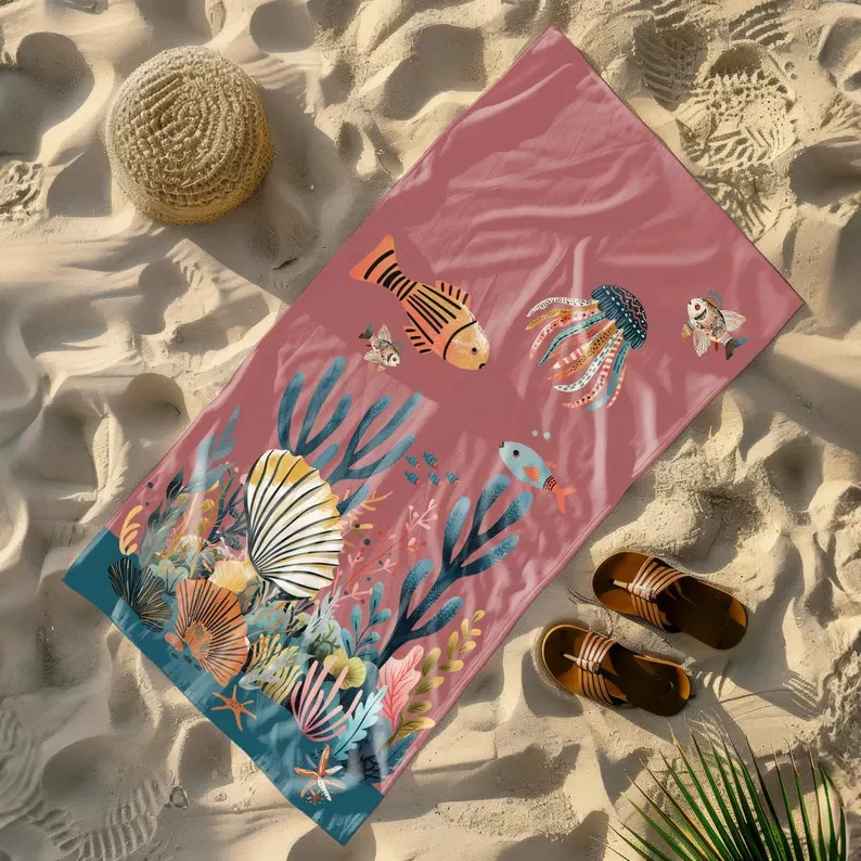 Colorful Tropical Ocean Beach Towel Nautical Sea Life Towel Fish Coral Shells Towel Summer Pool Travel Towel Quick Dry Fabric
