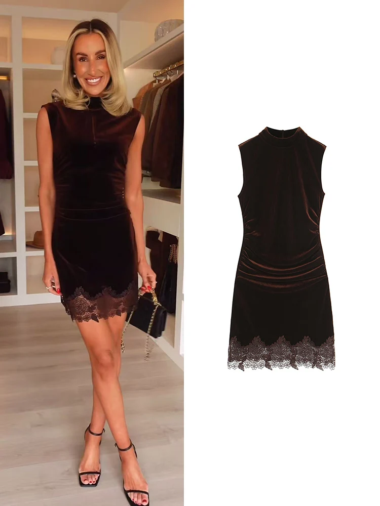 فستان نسائي مخملي قصير مزين بالدانتيل بدون أكمام من الدانتيل فستان كاجوال للحفلات المسائية أنيق بنصف ياقة عالية