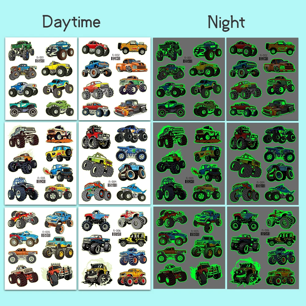 6pcs Glow-in-the-Dark Car Tattoo Stickers Monster Truck Racing Buggy Temporary Tattoos Fake Tattoos Cartoon Car Tattoos For Men