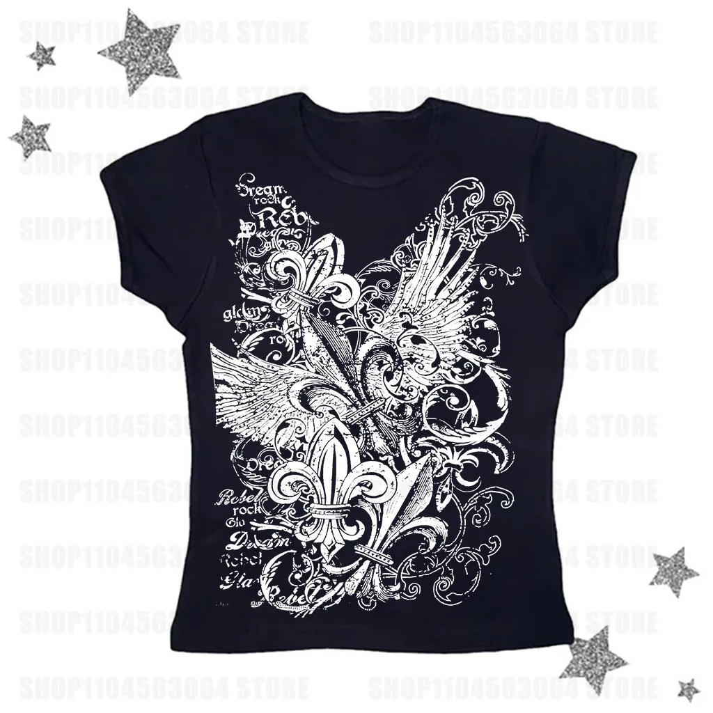 Crop top summer slim fit Harajuku V-neck T-shirt for women's street wear Y2k aesthetic retro floral wing printed T-shirt Grunge