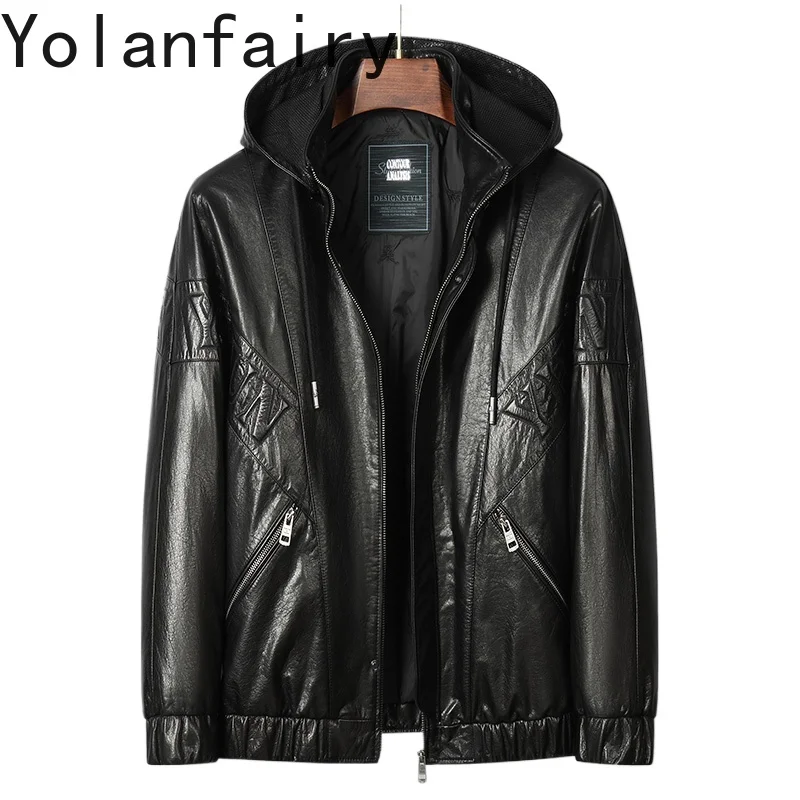 

YOLANFAIRY High-end Oil-wax Cowhide Leather Jackets Man Short Hooded 100% Real Cow Men Leather Jacket Mulberry Silk Liner Coat