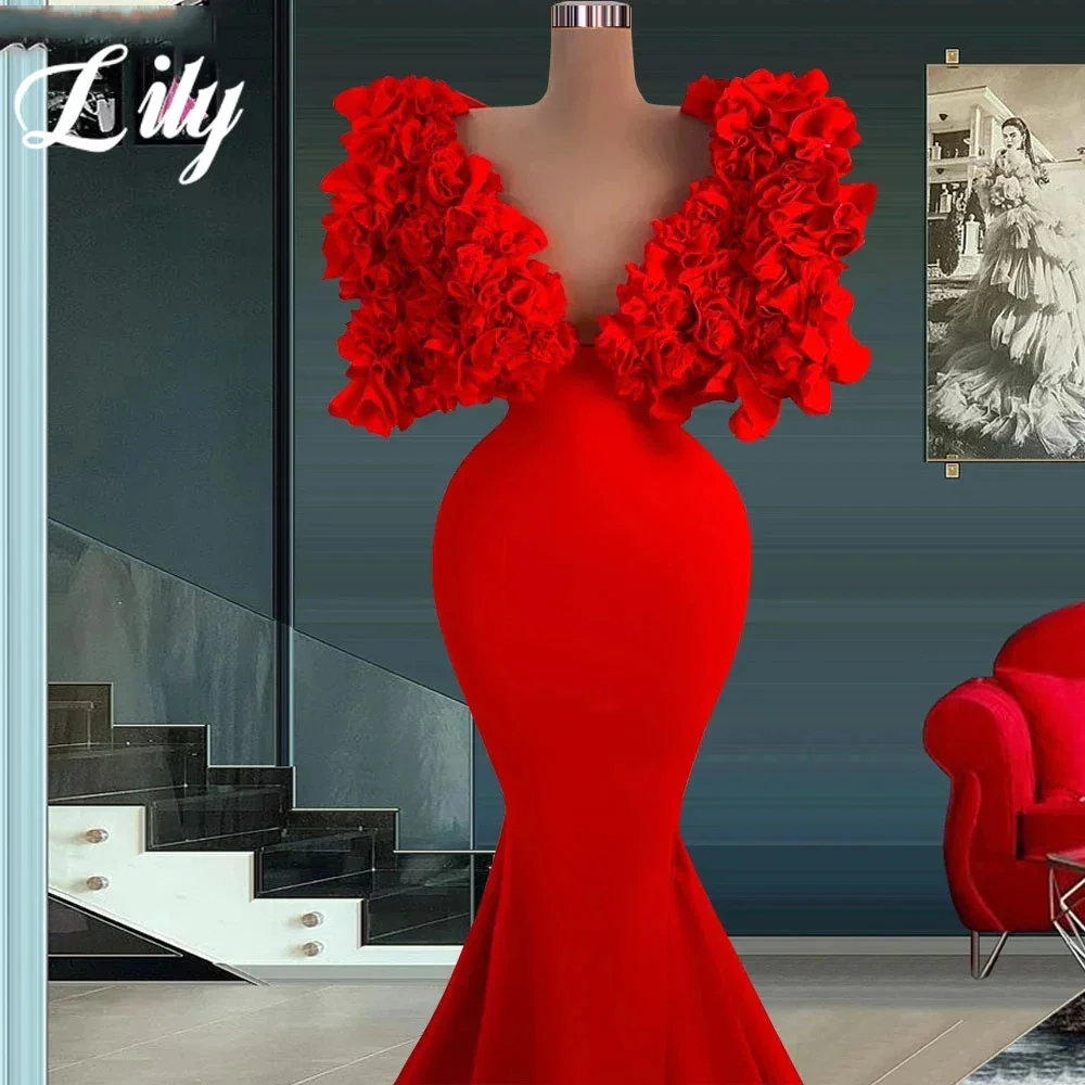 Sansa Luxury A-line Red Butterflymeshfabric Eveing Dress Floor-Length V Neck Wedding Dresses 3D Floral vestidos de fiesta 2024