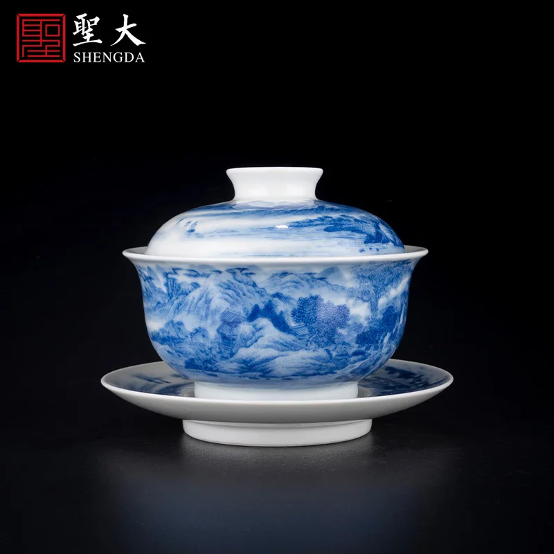 

|blue and white jiangnan reclusive figure tureen maintain manual tureen high-grade ceramic tea bowl of kung fu