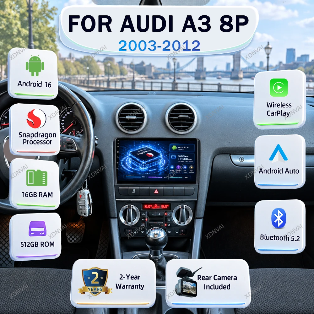 Android 16 Multimedia Car Radio For Audi A3 8P 2003-2012 Video Player BT RDS Audio Auto Autoradio GPS Stereo 4G LTE Navigation