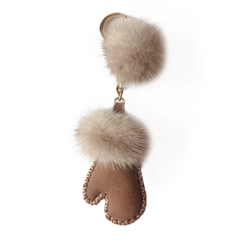 Luxury Fluffy Genuine Mink Fur Real Leather Mitten Keychain For Women Car Key Chain Bag Backpack Charm Accessories Pendant