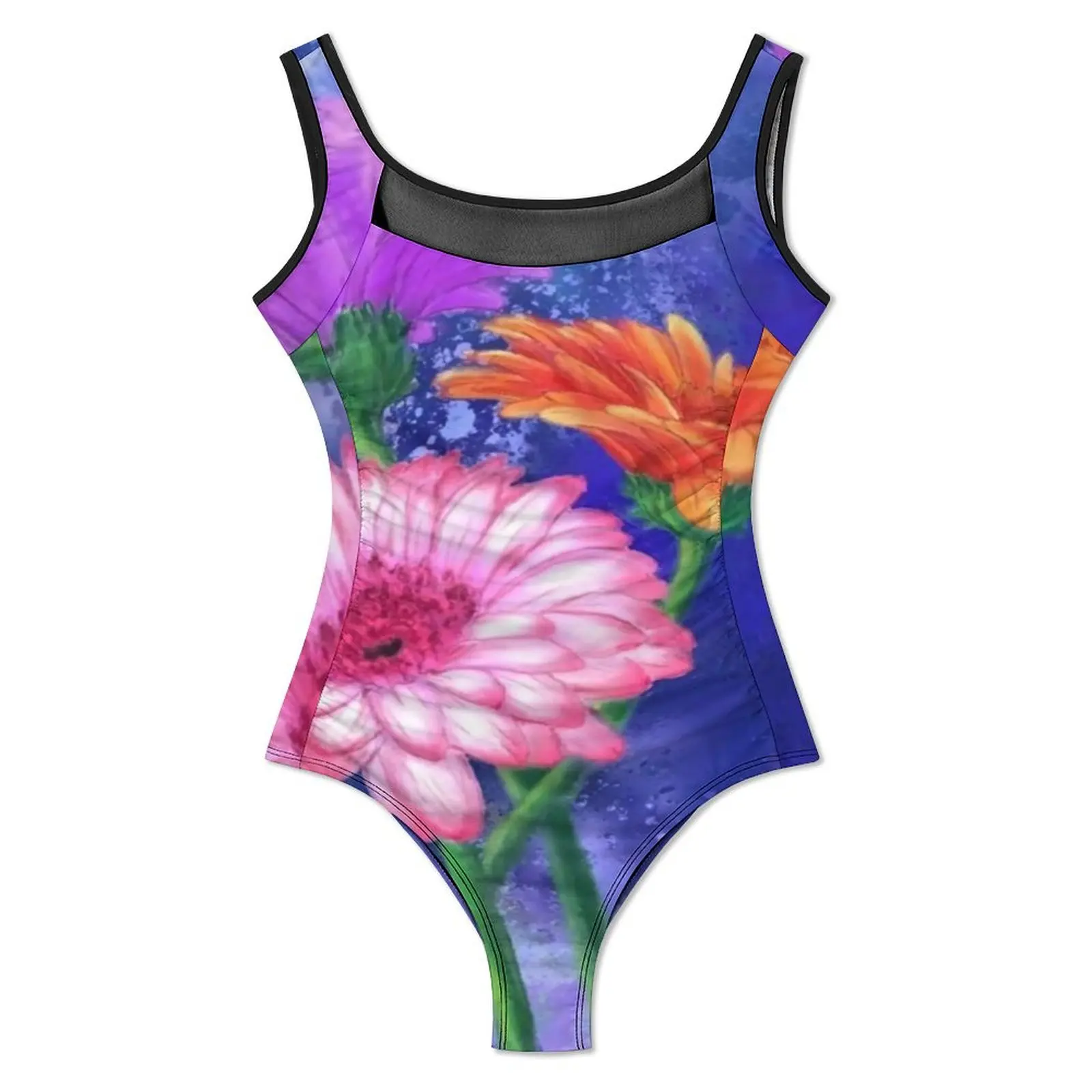 Floral Art Swimsuit Three Color Gerberas One-Piece Swimwear Push Up Stylish Monokini Sexy Surfing Custom Swimsuits