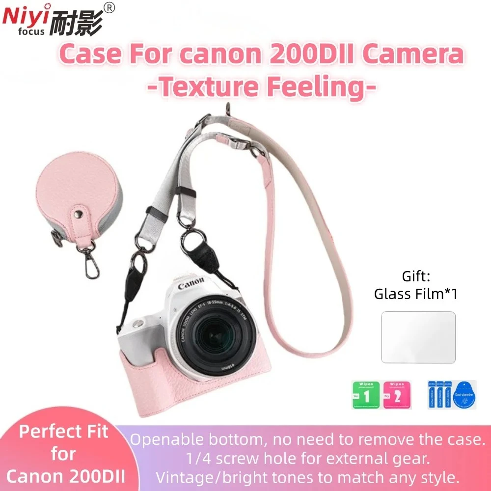 Camera Half Case Base for Canon 200DII 200D Mark II Leather Protector 1/4 Screw Camera Cover with Shoulder Neck Strap Glass Film