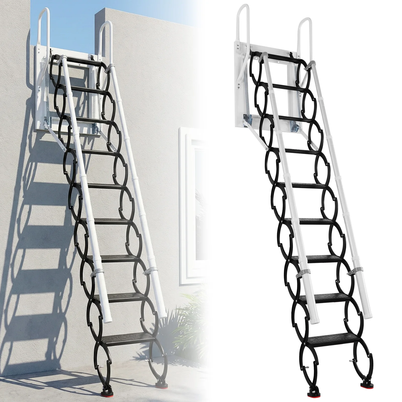 

Противоскользящая выдвижная складная лестница с 2 поручнями и системой опускания, грузоподъемность 660 фунтов, для автодомов, складов, крыш, гаражей