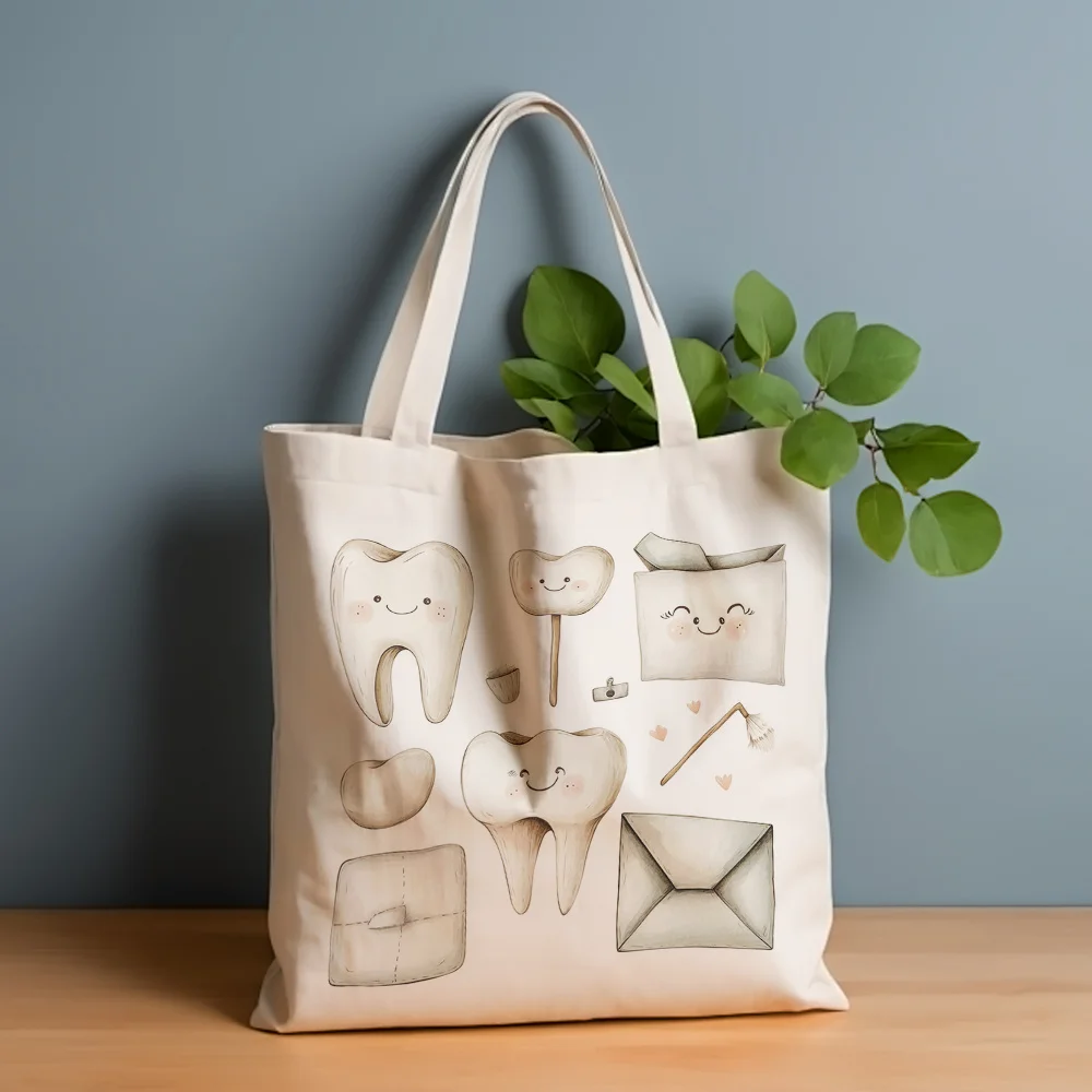 A Tooth pattern print canvas tote bag, suitable for daily use, shopping, school, and travel