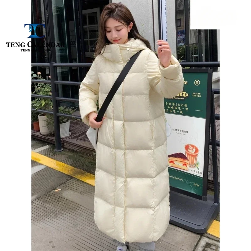 Long Down Jacket with Knee High Hood for Women, Thick and Warm Loose Duck Down Jacket, Korean Style, Fashionable, New Style, 202