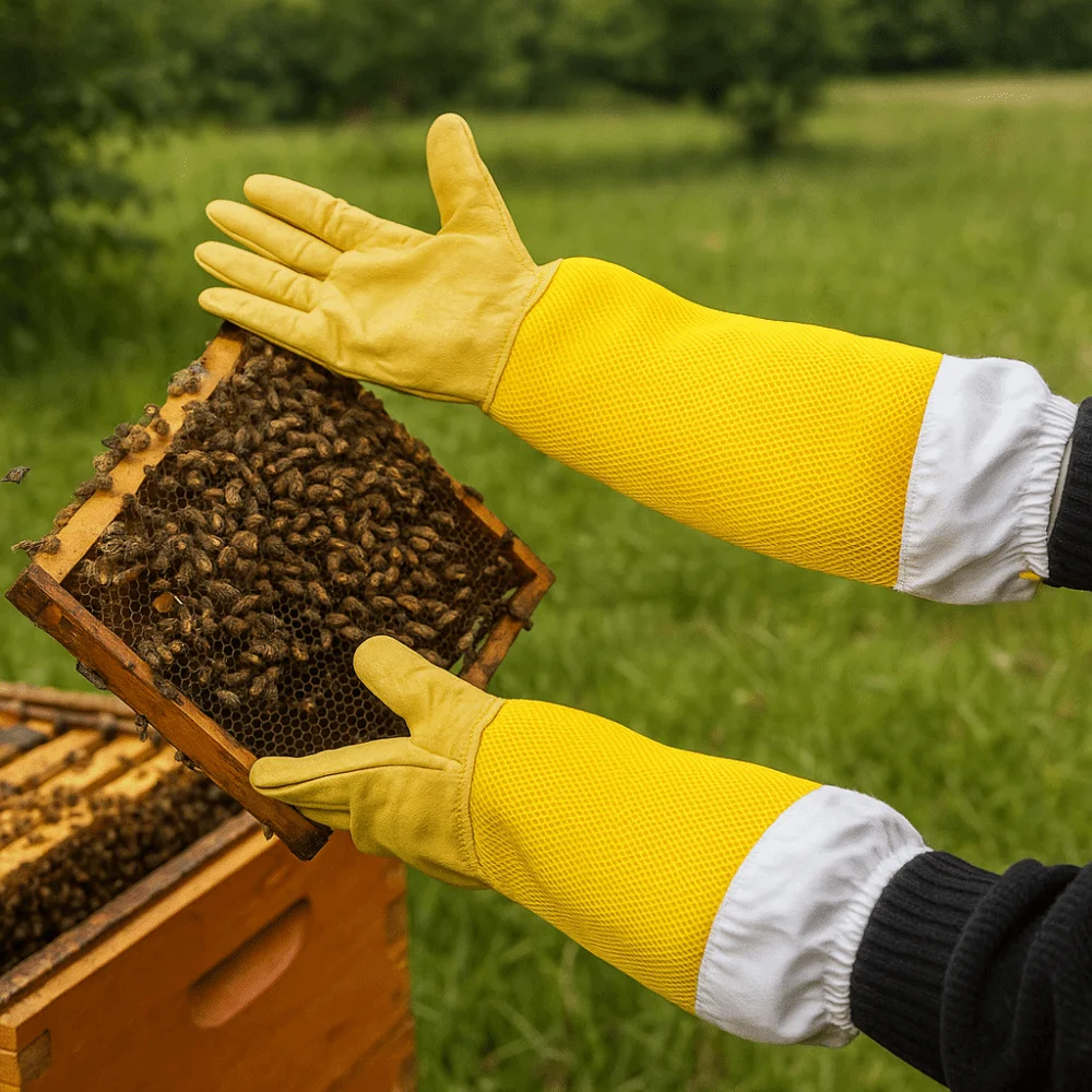 Leather Beekeeping Gloves Goatskin Breathable Mesh Beekeeper Gloves Reusable Windproof Ventilated Gloves Safety Protection