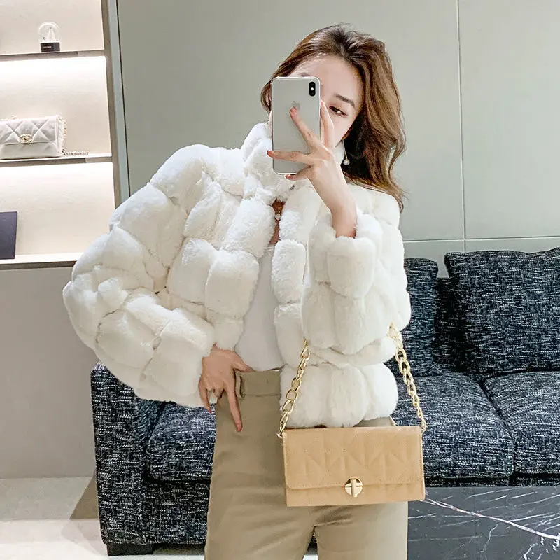 

Winter Faux Rabbit Fur Coat Women Long Sleeve Zip Lapel OverCoat Thick Warm Plush Jacket Abrigo Mujer Bontjas Fourrure