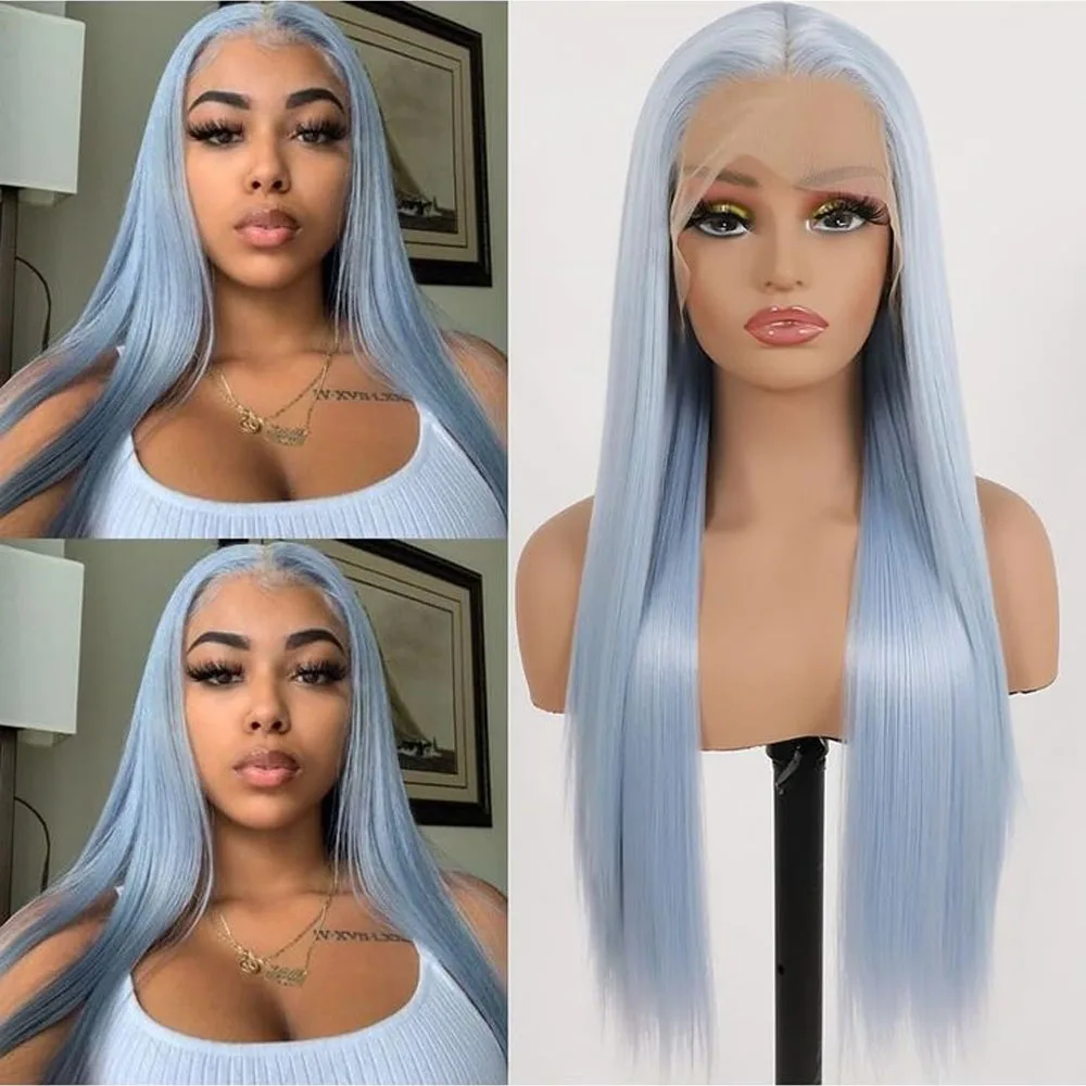 24" Light Blue Synthetic Straight Lace Wig – Sheer Lace, Heat-Safe, Perfect for Stage & Cosplay