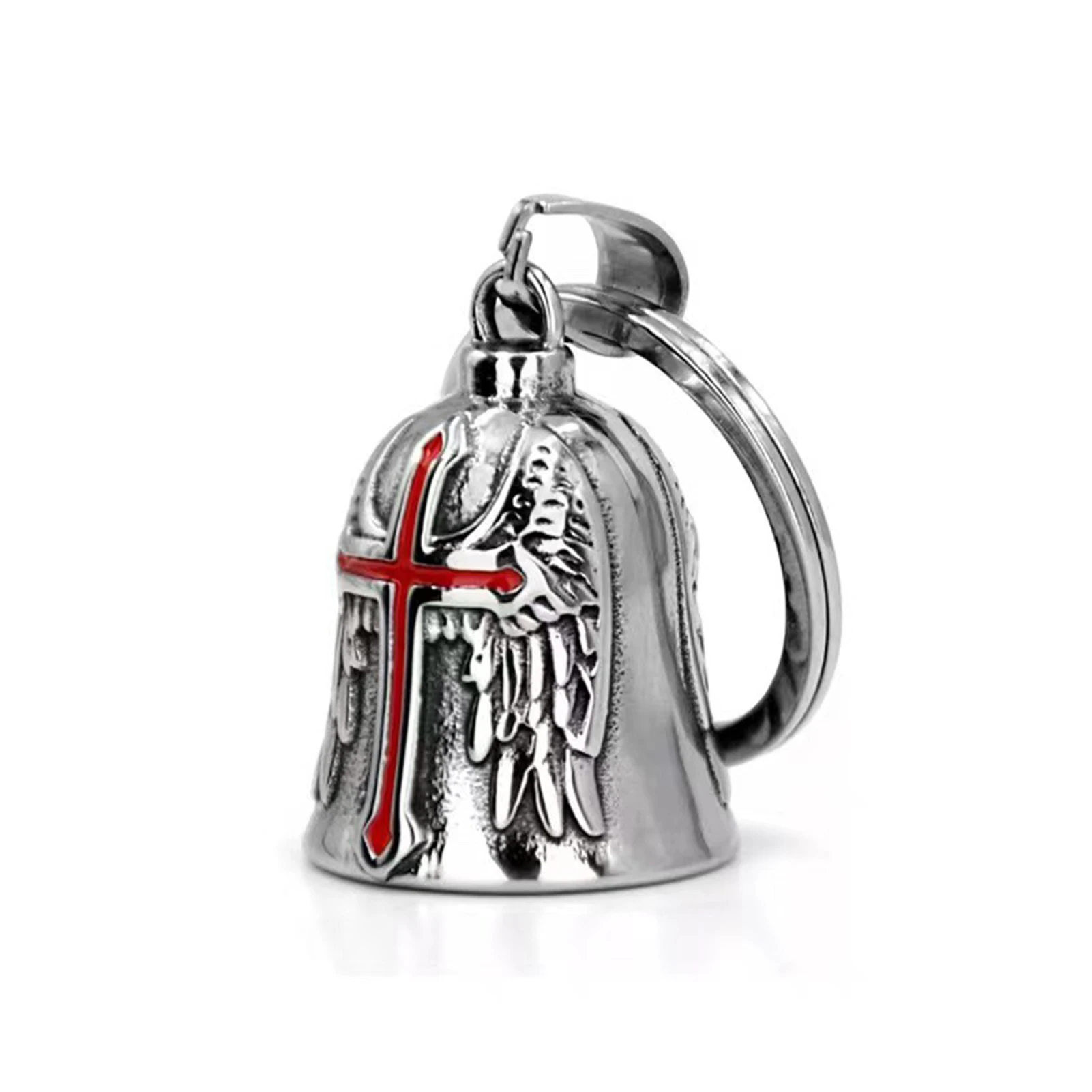 Retro Punk Style Men’s Cross Lucky Bell Angel Wing Knight Bell Keychain Motorcycle Riding Guardian Bell Jewelry Accessories