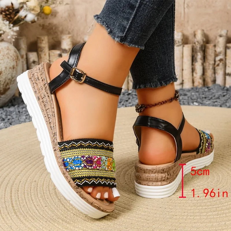 Women Ethnic Embroidered Floral Wedge Ankle Buckle Sandals Summer Thick Bottom Platform Dress Shoes Woman Plus Size 35-41 Shoes view 6