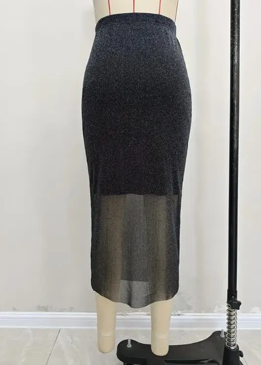 

Юбка для женщин 2026, новая однотонная элегантная золотая и серебряная сетчатая прозрачная трикотажная эластичная юбка с высокой талией, облегающая бедра