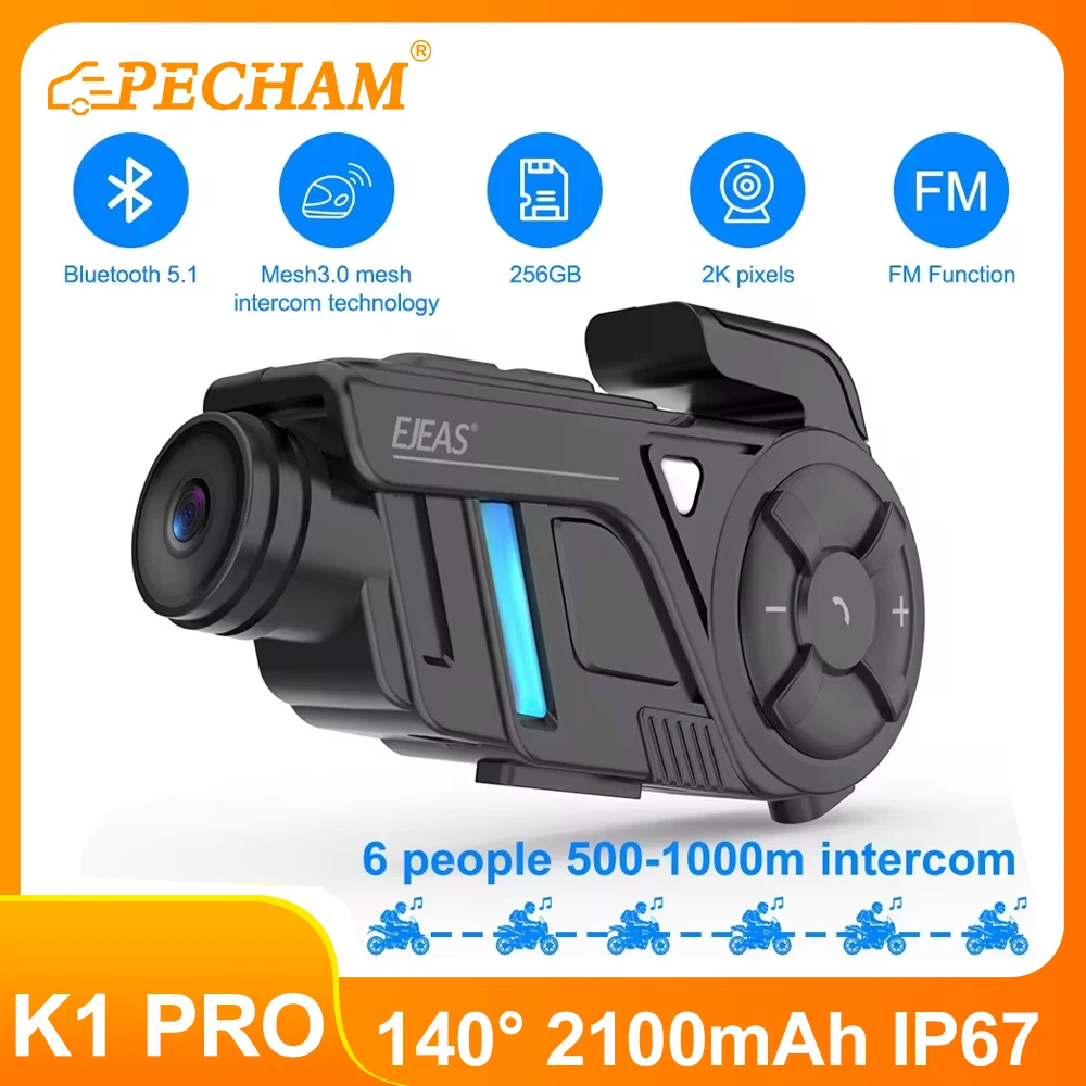 K1 PRO Motorcycle Intercom Helmet Dash Cam Bluetooth Headsets Handsfree Communicator 2K High Definition Video Record Interphone