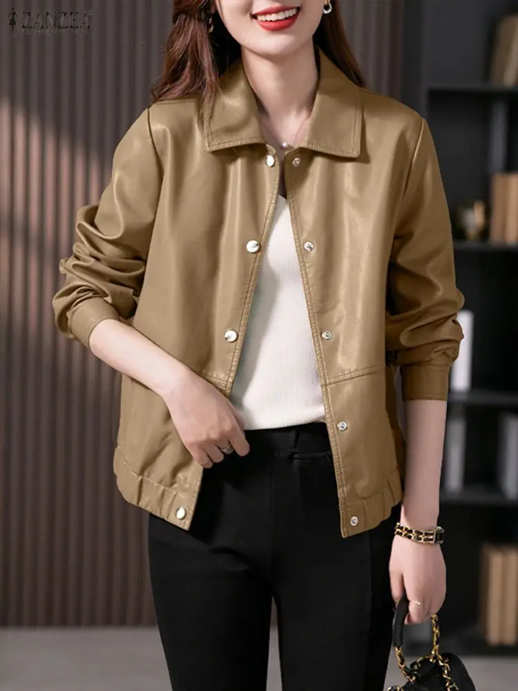 

Стильные куртки из искусственной кожи 2025 ZANZEA, осенние женские пальто из искусственной кожи, зимние пальто на пуговицах с длинными рукавами, облегающая верхняя одежда