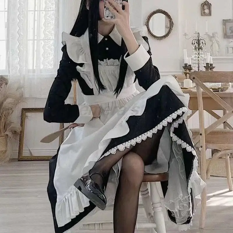 Women\'s Classic Lolita Maid Dress Vintage Inspired Women\'s Outfits Cosplay Anime Girl Black Long Sleeve Dress S-3XL