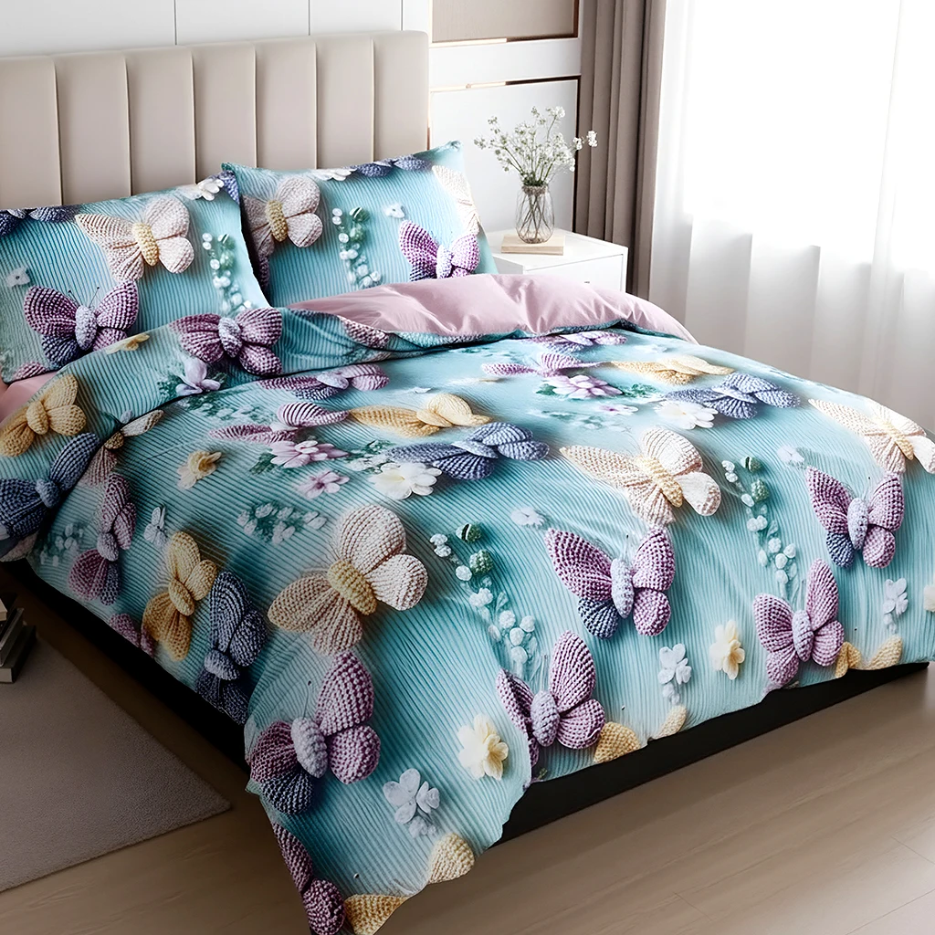Vlinderdekbedovertrekset in volledige maat, Rainbow Butterfly beddengoedset voor meisjes, Rainbow Butterflies dekbedovertrekset, roze en paars