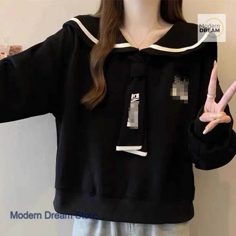 Sweter damski w stylu francuskim z efektem dwóch wiązanych wiązek na ramionach, nowy model na jesień i zimę, plus size, w stylu college, granatowy kołnierzyk, odmładzający płaszcz.