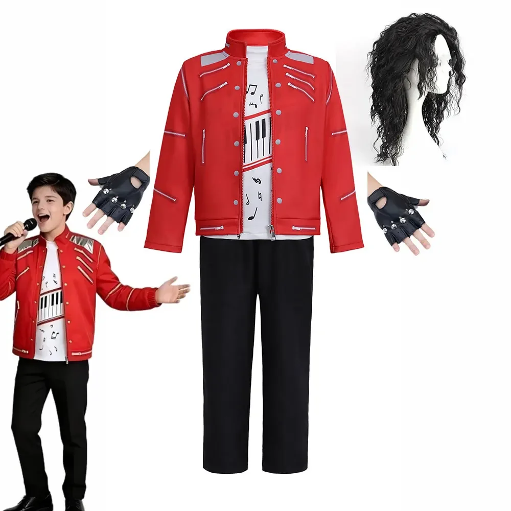 Disfraz de MJ, el Rey del Pop, para niños, conjunto de 3 piezas: chaqueta roja, camiseta y pantalones negros. Ideal para juegos de rol, actuaciones en el escenario y recreaciones de la icónica imagen de Michael.