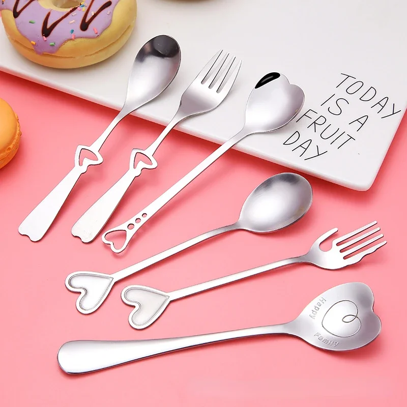 Eco-friendly Stainless Steel Love Forks and Spoon Set Heart Shaped Coffee Spoon Fruit Fork Wedding Dinnerware Set Tableware Gift