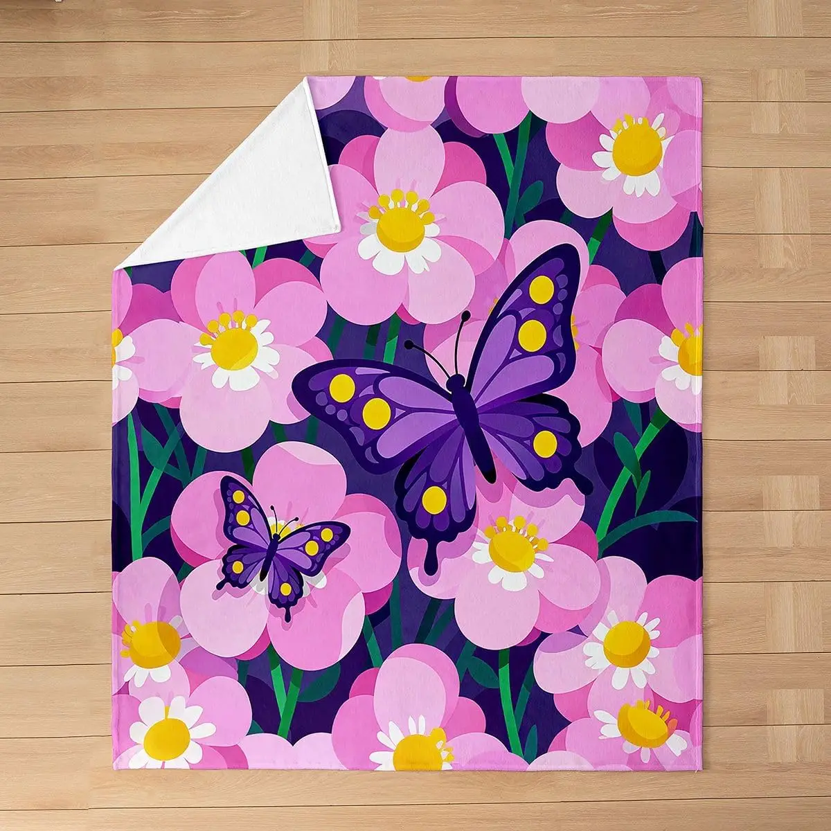 Purple Butterfly Flannel Blanket, Floral Botanical Plant Fleece Blanket Hand Drawn Butterfly Decorations Fuzzy Plush Throw Twin