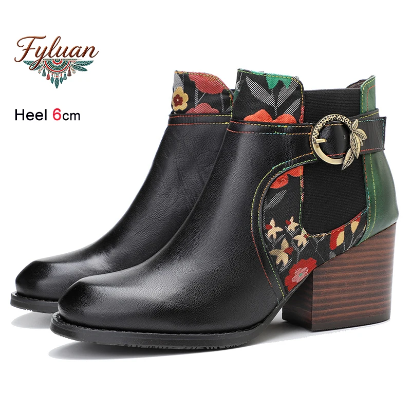 

New Retro Patchwork Autumn Winter Women's Bare Boots Belt Buckle Coarse Heels 6cm Round Toe Side Zipper Ankle Boots Ladies Shoes