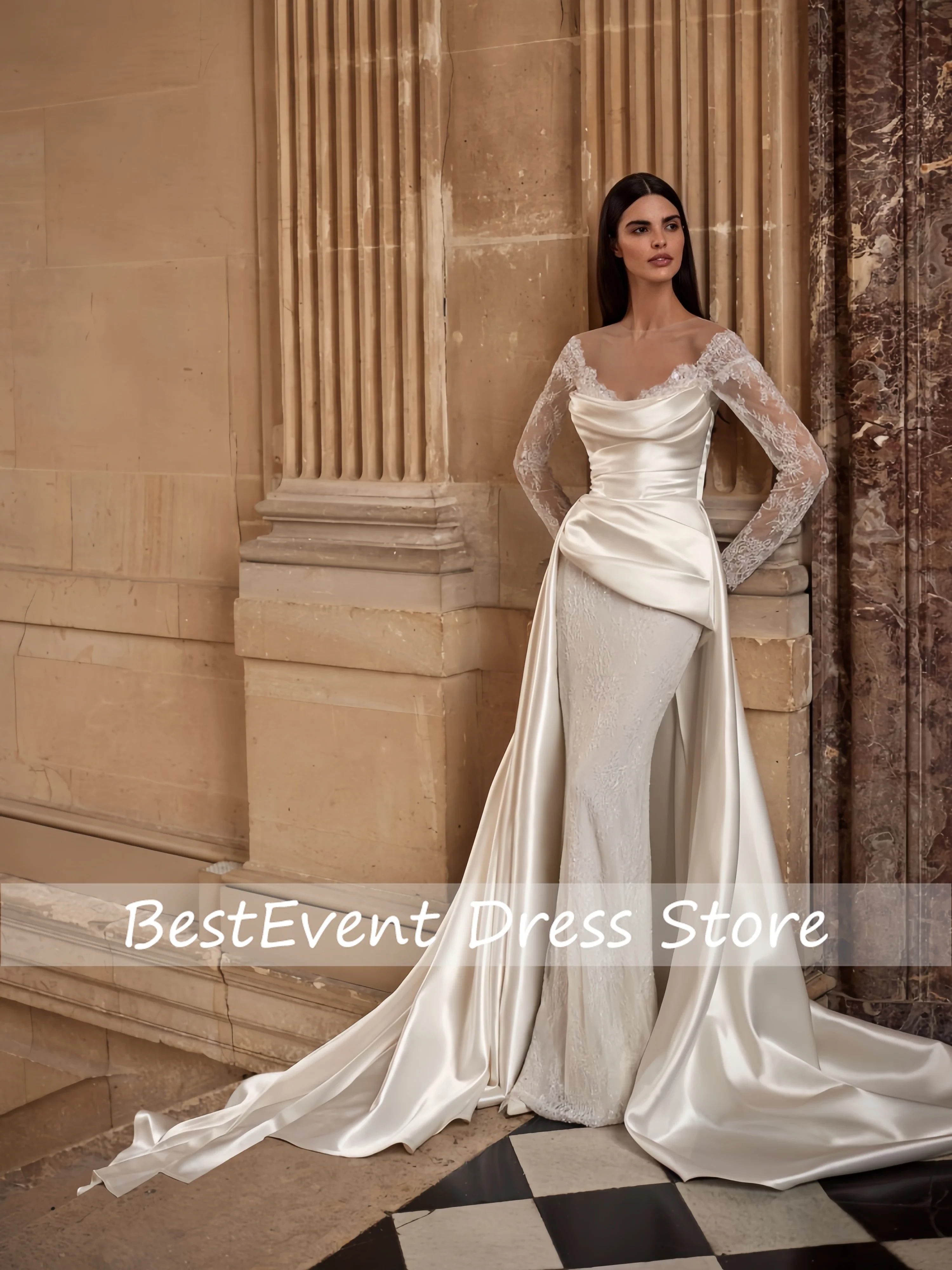 Elegant Satin-effect Fabric With Lace Panels Rhinestones Train Wedd Dress Fitted Seductive Even Gown New 2026 Dress Customized